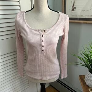 LOGG Henley Shirt Womens Medium Pink Ribbed Knit Scoop Neck Retro Y2K Grunge